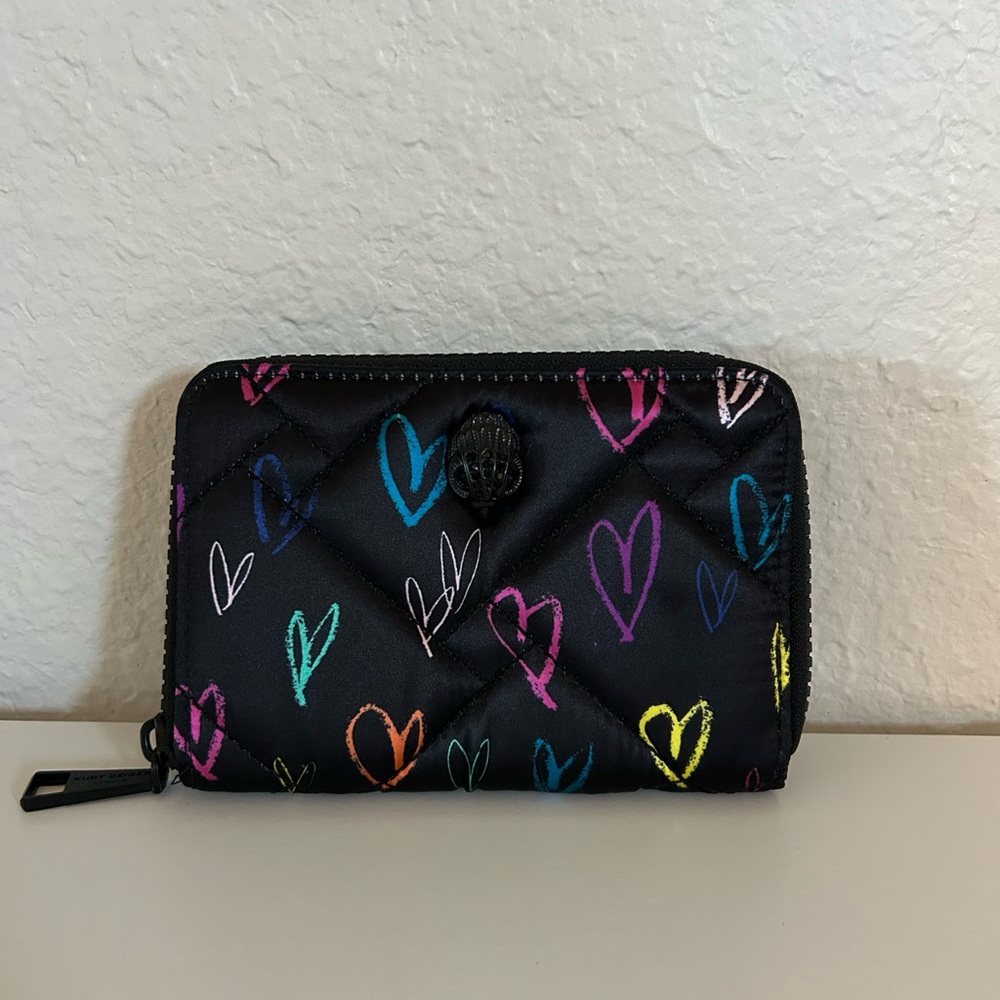 Black Kurt Geiger Quilted Wallet with Colorful Heart Design